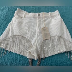 White Fringe-Rhinestone Women's Shorts
